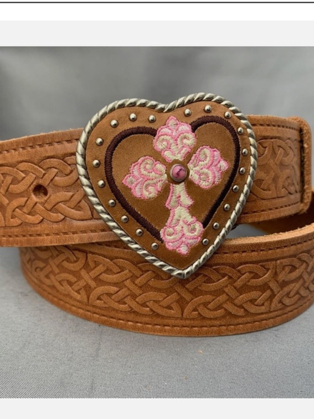 Celtic Belt Buckle cross Tan Real Leather Floral Design Sz S/M